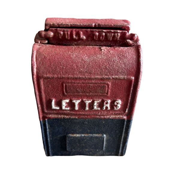 Vintage 1950s Cast Iron Metal U.S. Post Office Mailbox Coin Bank 4" Red Blue - Picture 1 of 7
